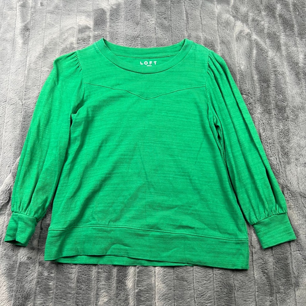 LOFT Womens Green Cotton Slub Puff Sleeve Crew Neck Top Size M 12831